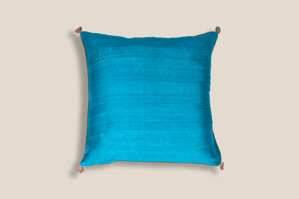 back of an Exclusive ocean silk cushion with  tassels