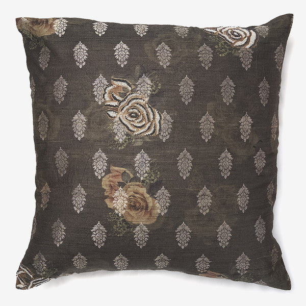 Beige, gold & white silk luxury cushion with beads in a white background