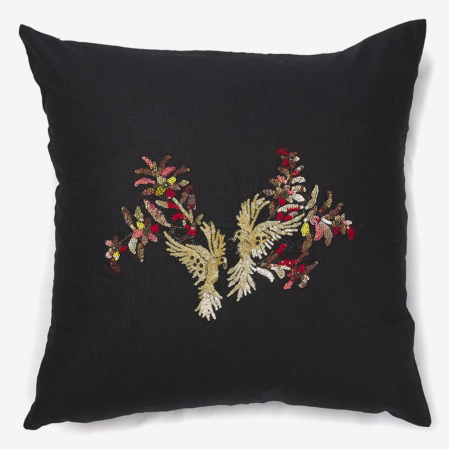 front of a Summer birds - black linen luxury cushion with sequins, stones & beds