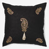 front of a Black linen luxury cushion with gold & ruby red zardozi work