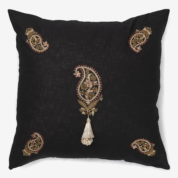 front of a Black linen luxury cushion with gold & ruby red zardozi work